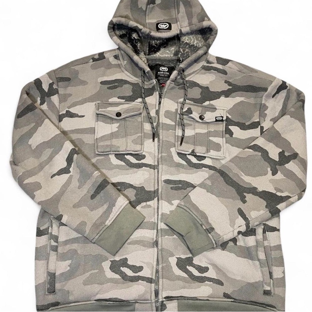 Ecko Unltd. Men's Grey Camo Sherpa-Lined Zip-Up Hooded Cargo Jacket